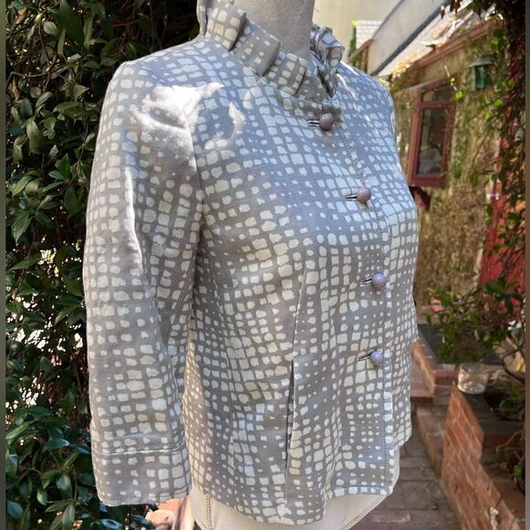 J. CREW GEO PRINT CROPPED COCKTAIL JACKET GRAY IVORY RUFFLED COLLAR BLAZER XS-S* - Picture 9 of 16